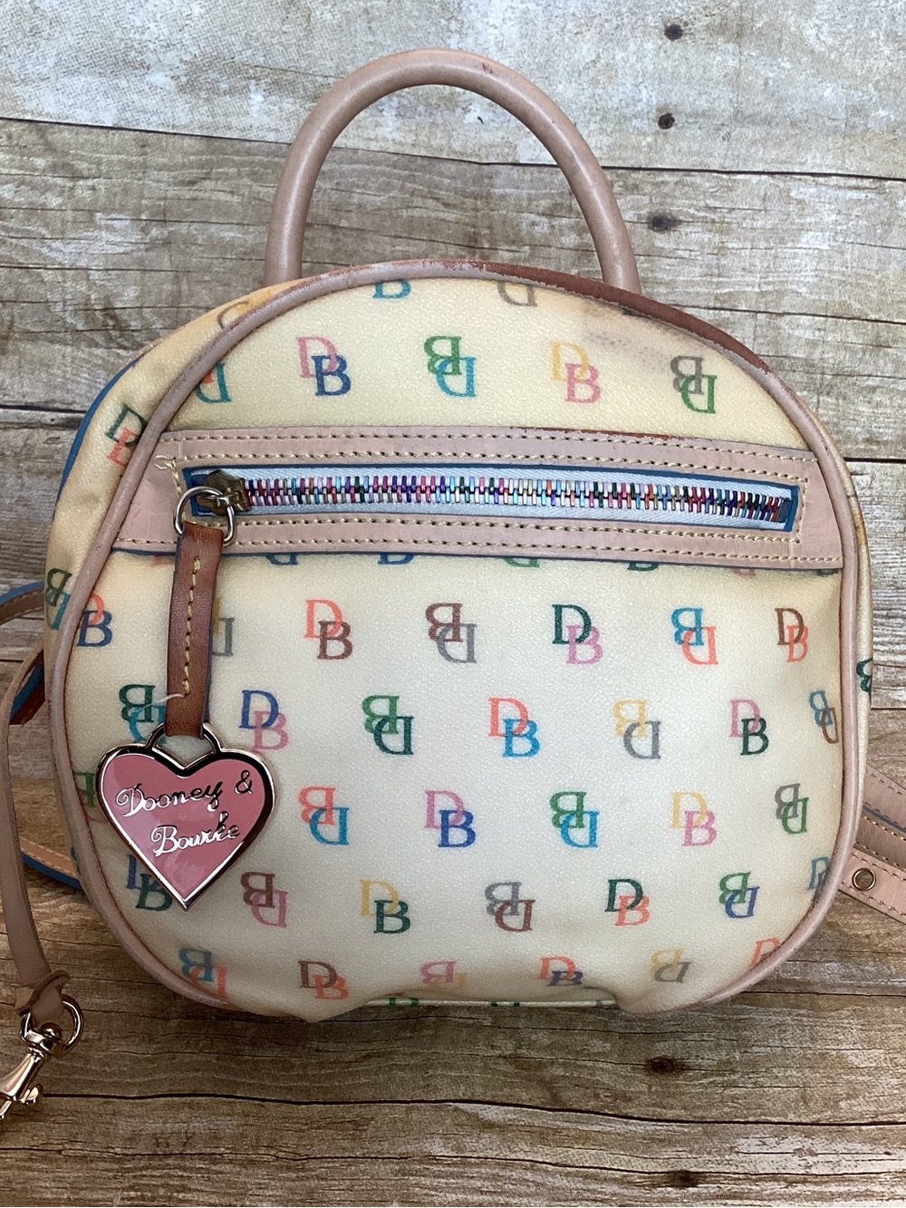 Dooney & Bourke Cream Multicolor DB Logo Mini Bag with Heart Charm
